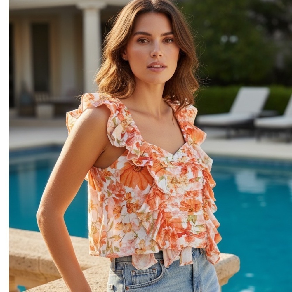 H&M Orange Floral Ruffle Smocked Crop Top Cottagecore Coquette Romantic Flirty